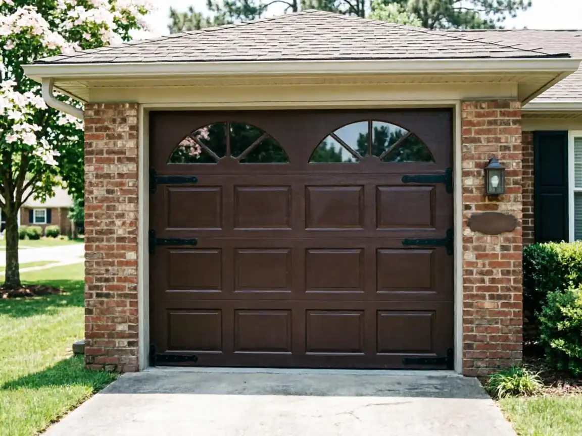 A brown garage door with arched windows and decorative hinges on a brick house.