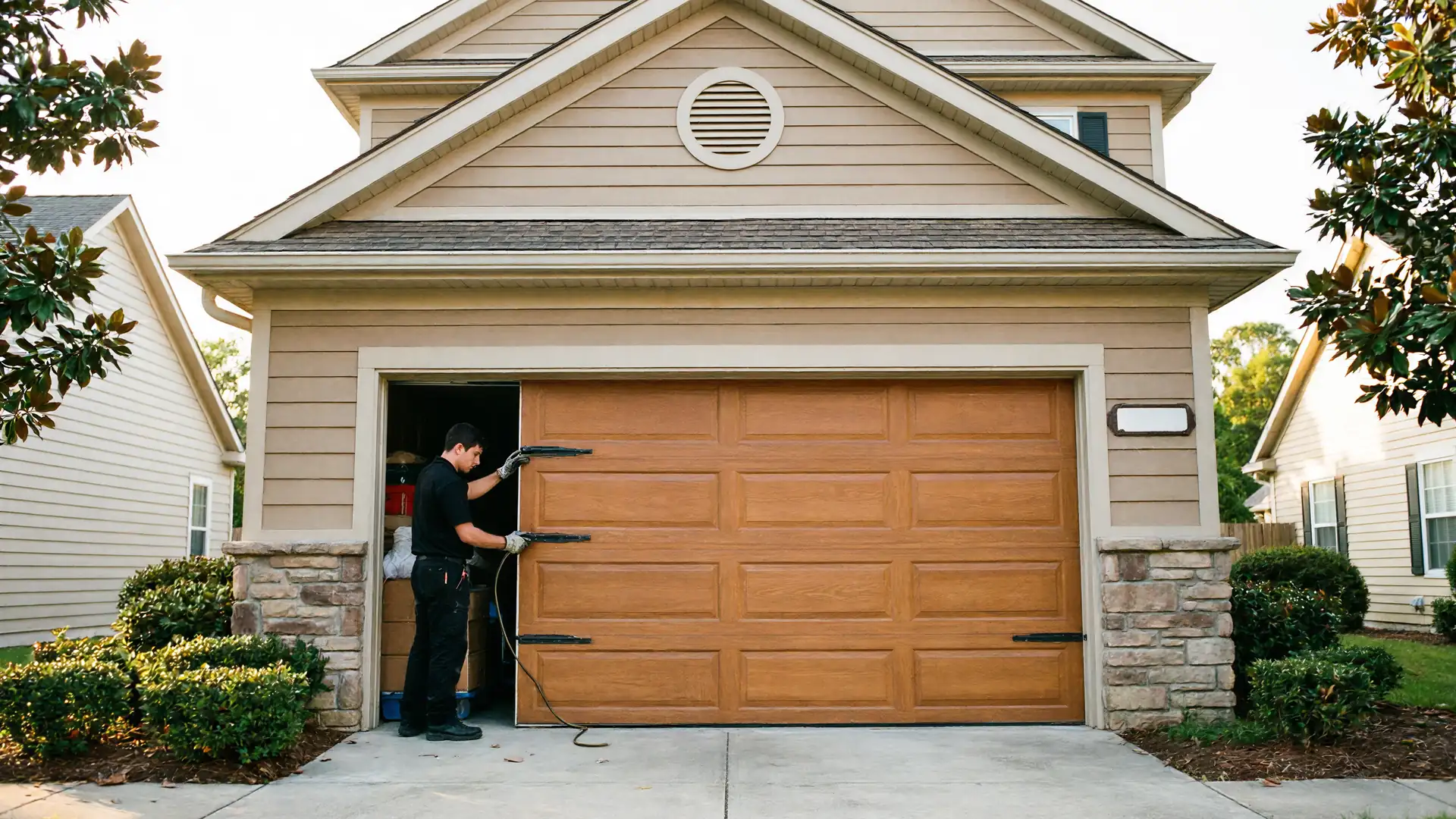 A technician works on a brown garage door of a tan house.