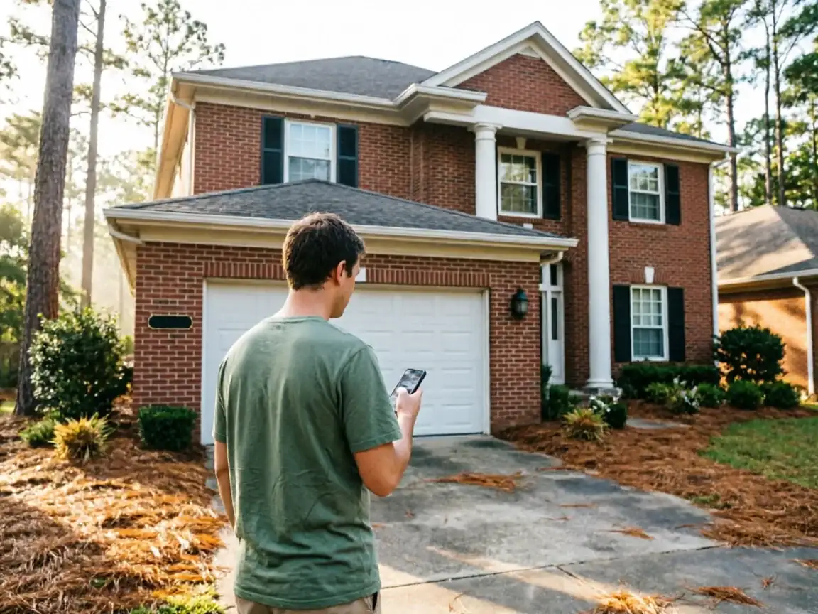 A man stands in a driveway looking at his phone in front of a brick house.