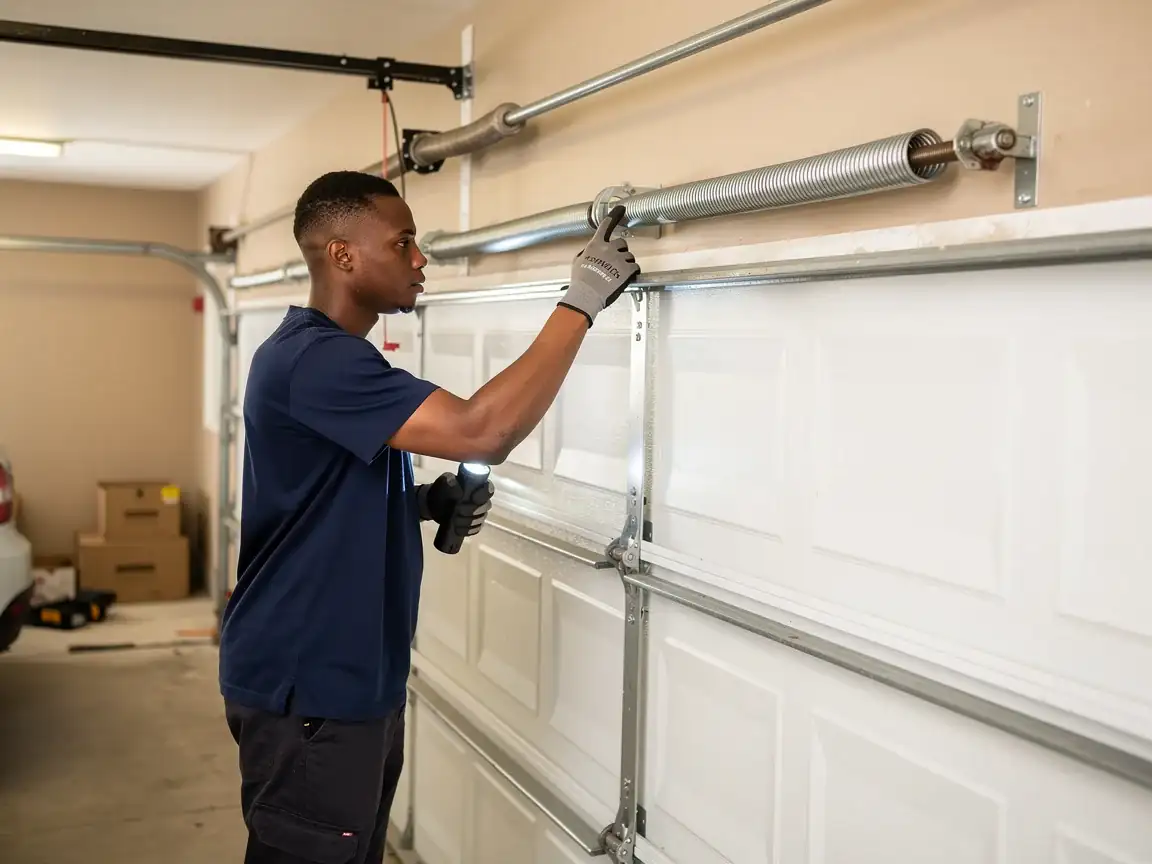 A technician inspects a garage door torsion spring with a flashlight.