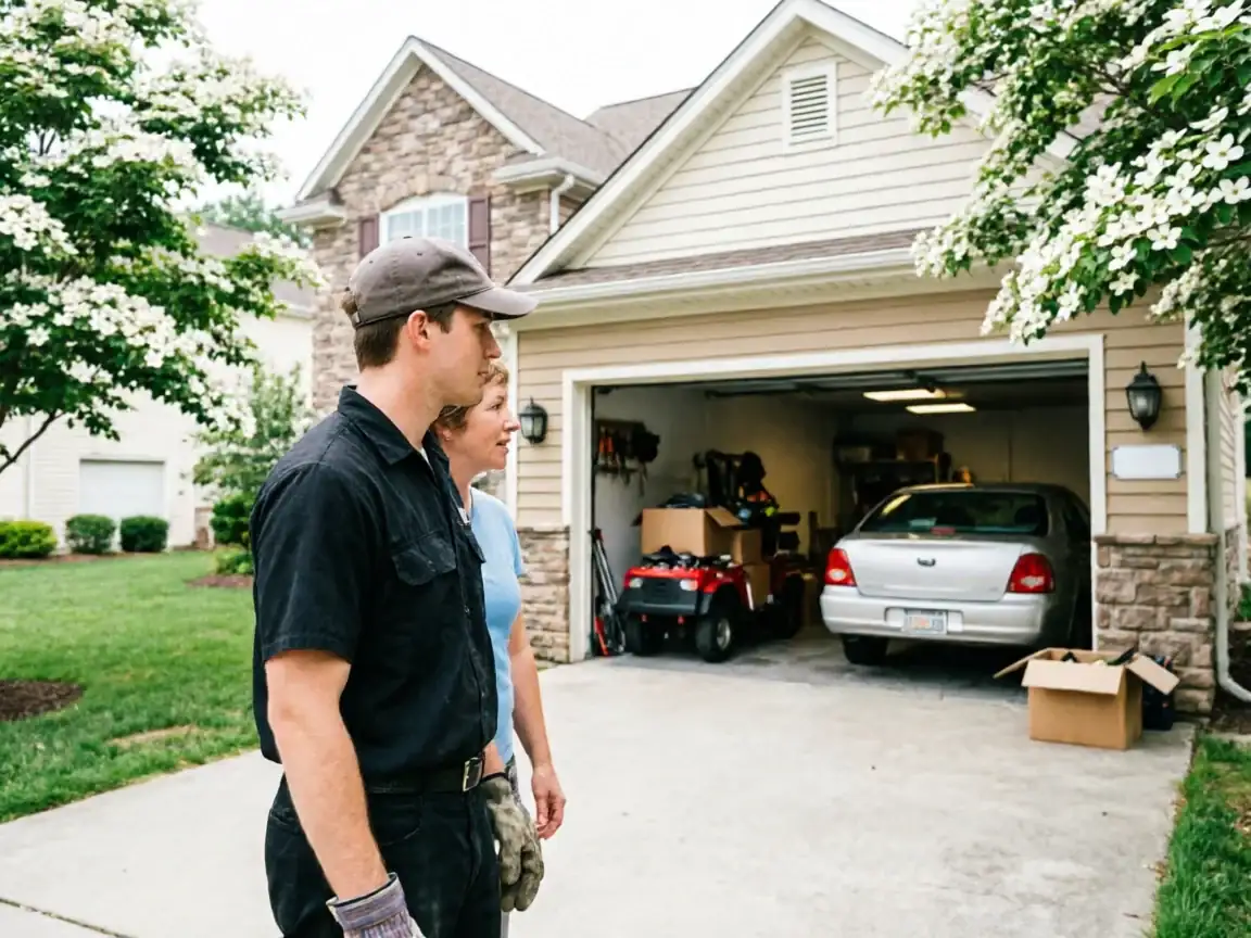 A technician and a woman stand in front of an open garage with a car inside.