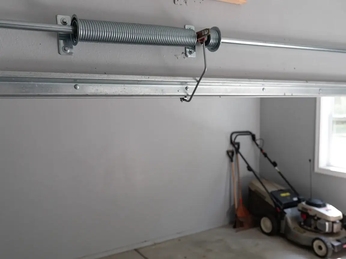 A garage door torsion spring is mounted above a garage door.