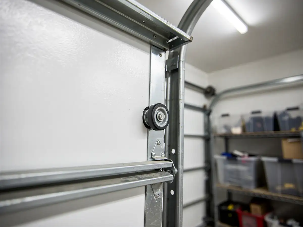 A garage door roller is attached to a white garage door panel.