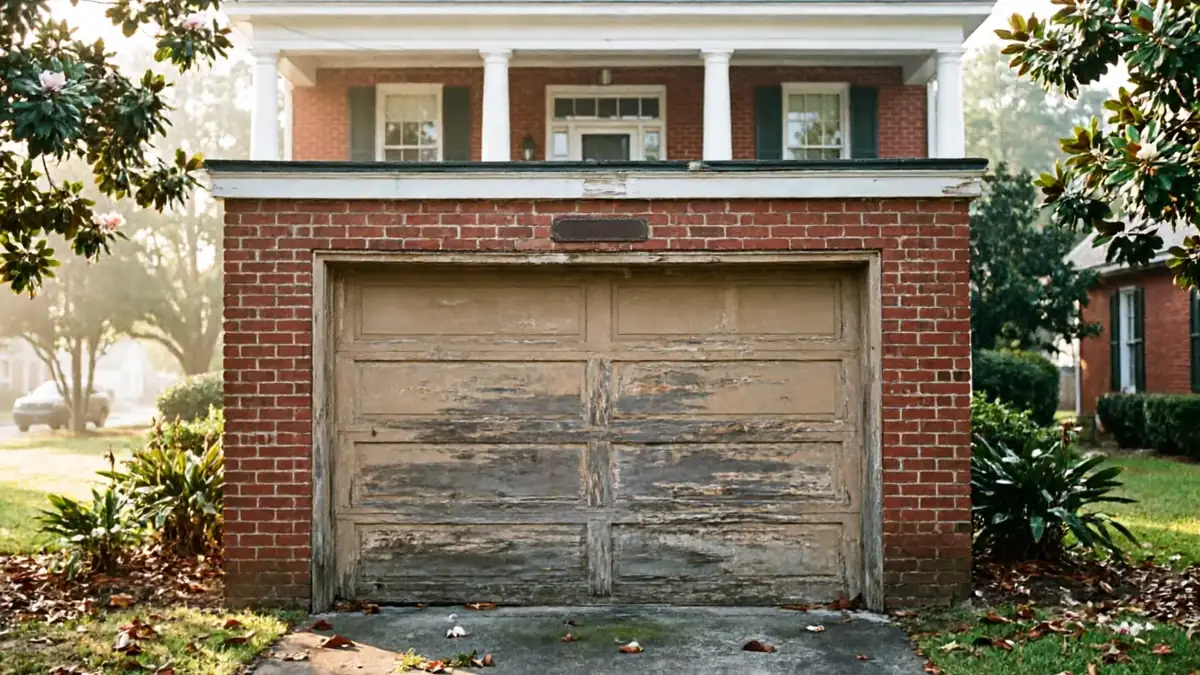 The garage door on a brick house has peeling paint and a concrete driveway.