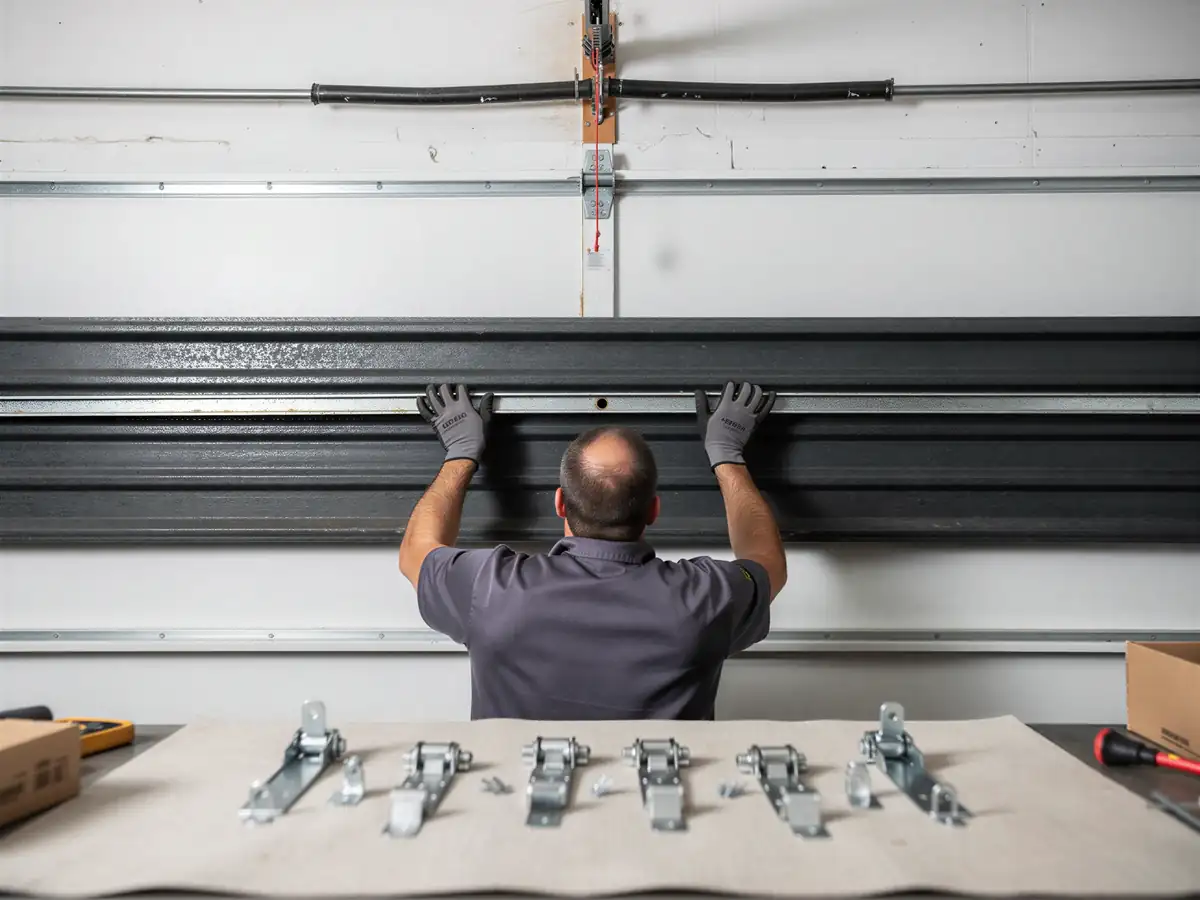 A technician installs a black garage door panel with new hinges on a table.